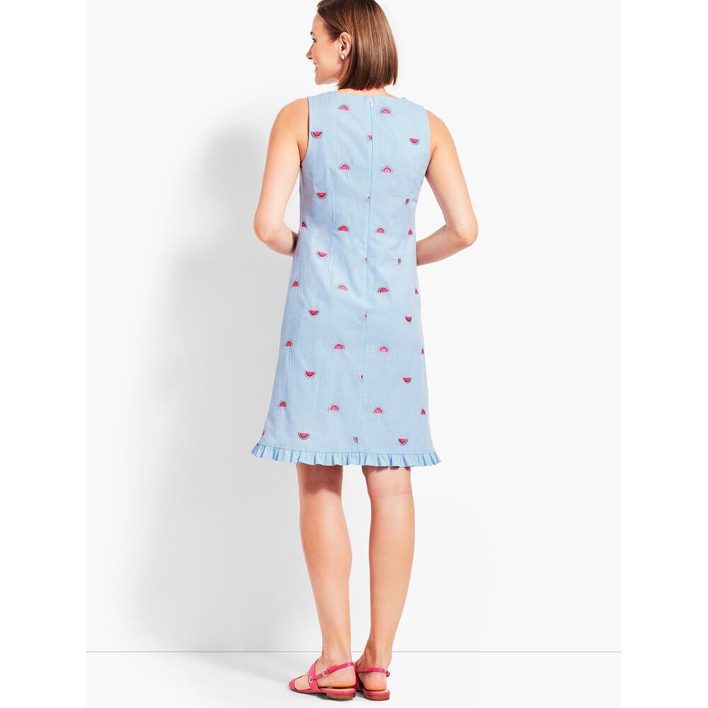 Talbots Blue & White Seersucker Embroidered Watermelon Print Shift Dress Sz 6 - Picture 3 of 11